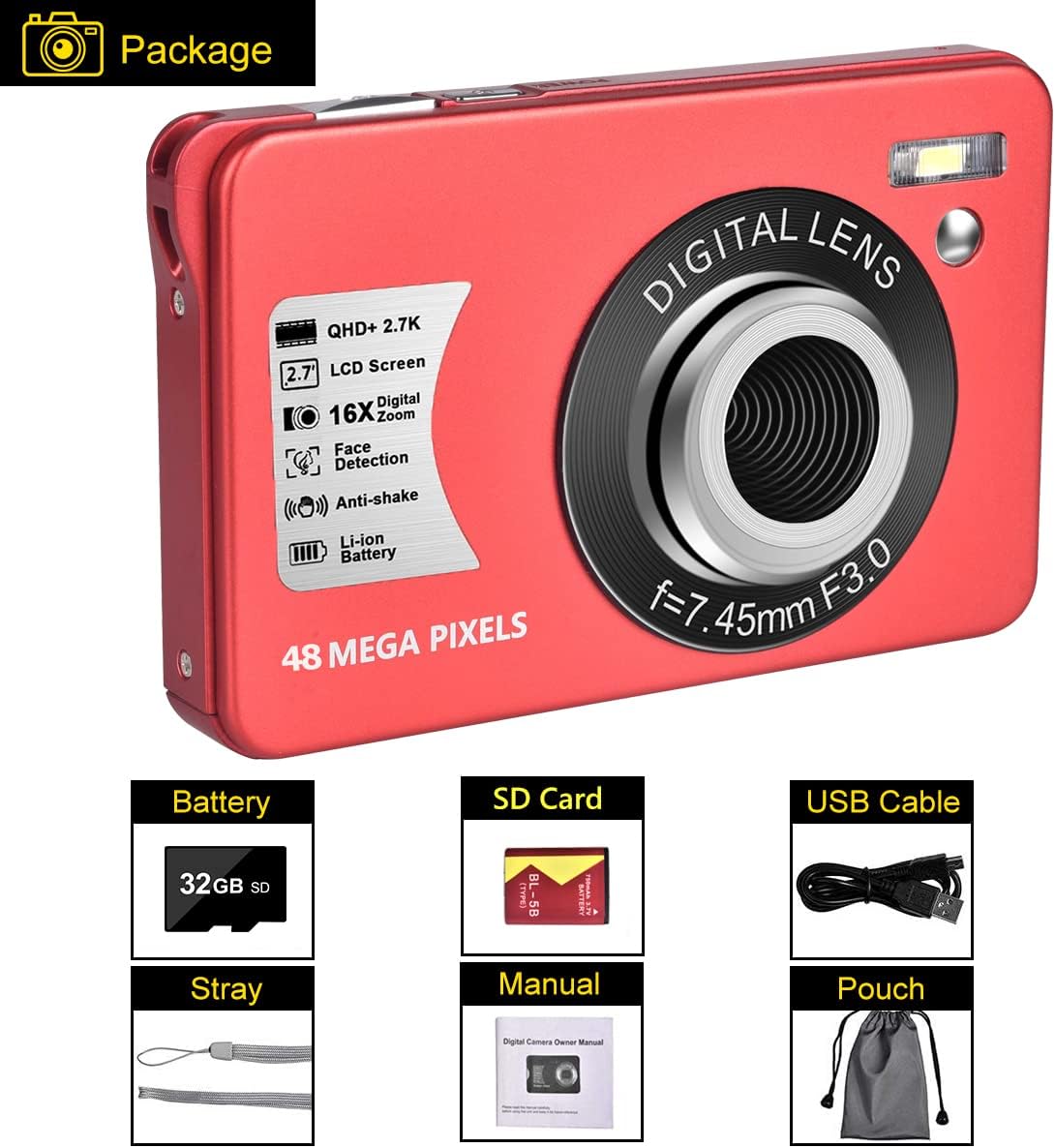 Red 48MP Compact Digital Camera with 16X Digital Zoom, 32GB SD Card, Pack of 2 J833188