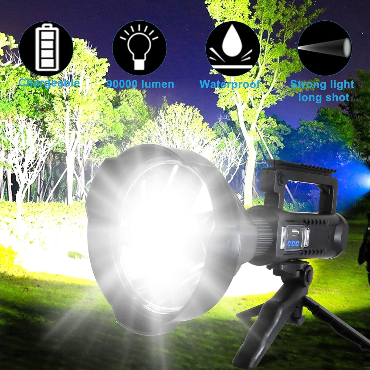 Rechargeable LED Spotlight Flashlight 90000 Lumens XHP90.2 with 4 Modes IPX5 Waterproof W3248