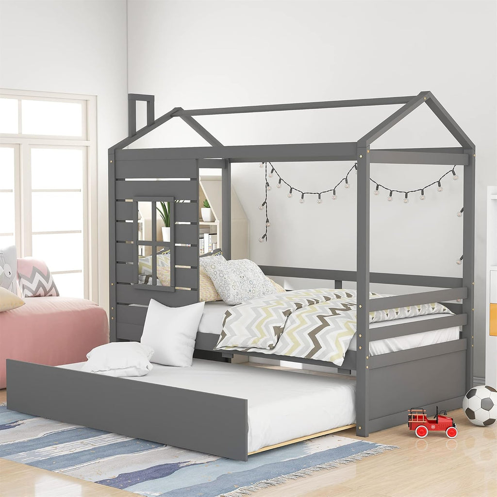 White Twin House Bed with Trundle X89389