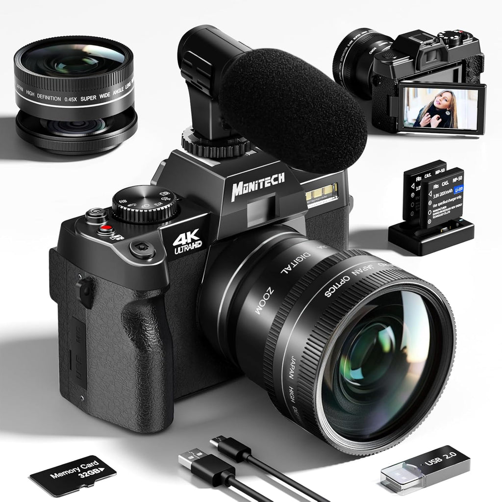 48 MP Digital Camera with 180° Flip Screen, 16X Digital Zoom, 52mm Wide Angle & Macro Lens, 2 Batteries, 32GB SD Card X786