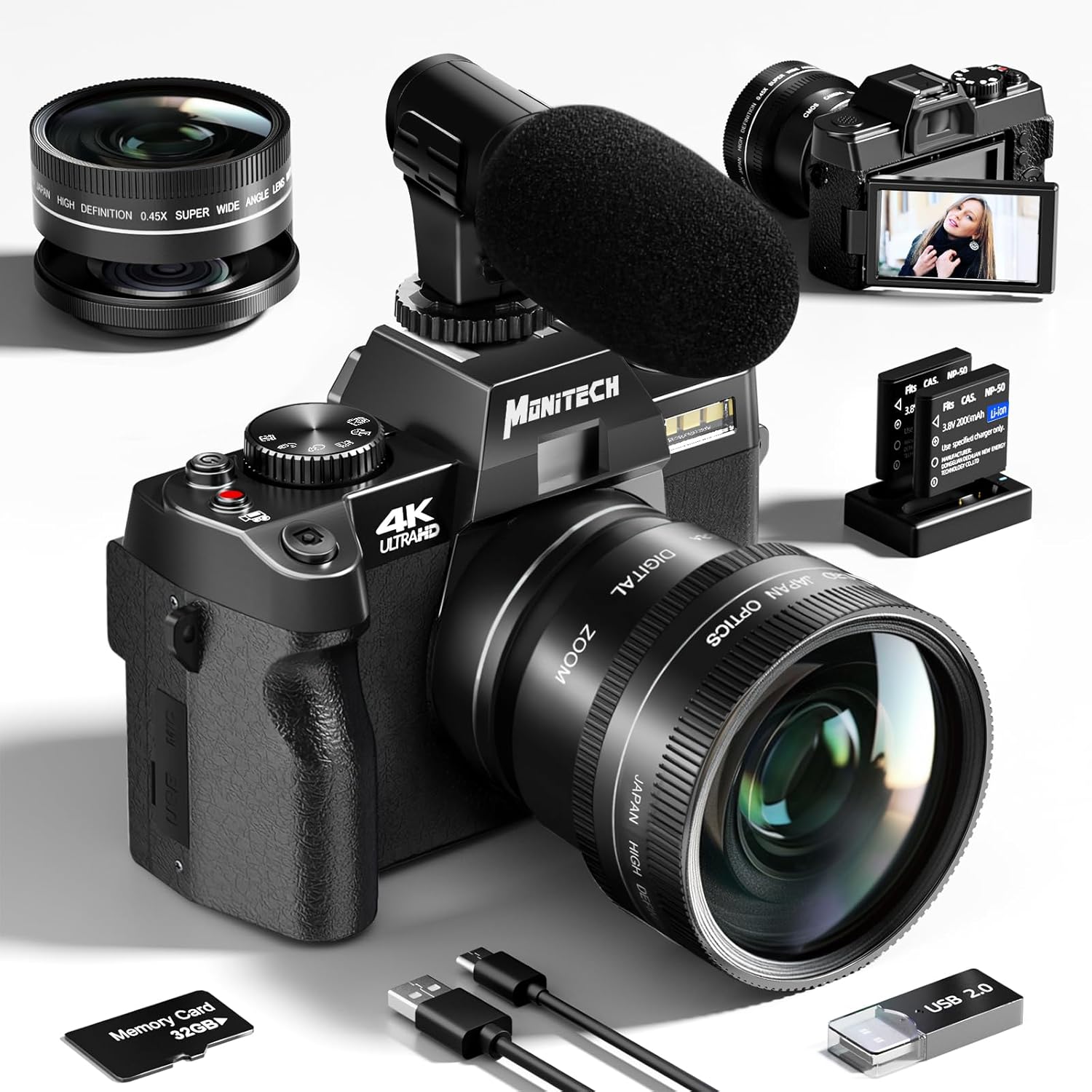48 MP Digital Camera with 180° Flip Screen, 16X Digital Zoom, 52mm Wide Angle & Macro Lens, 2 Batteries, 32GB SD Card X786
