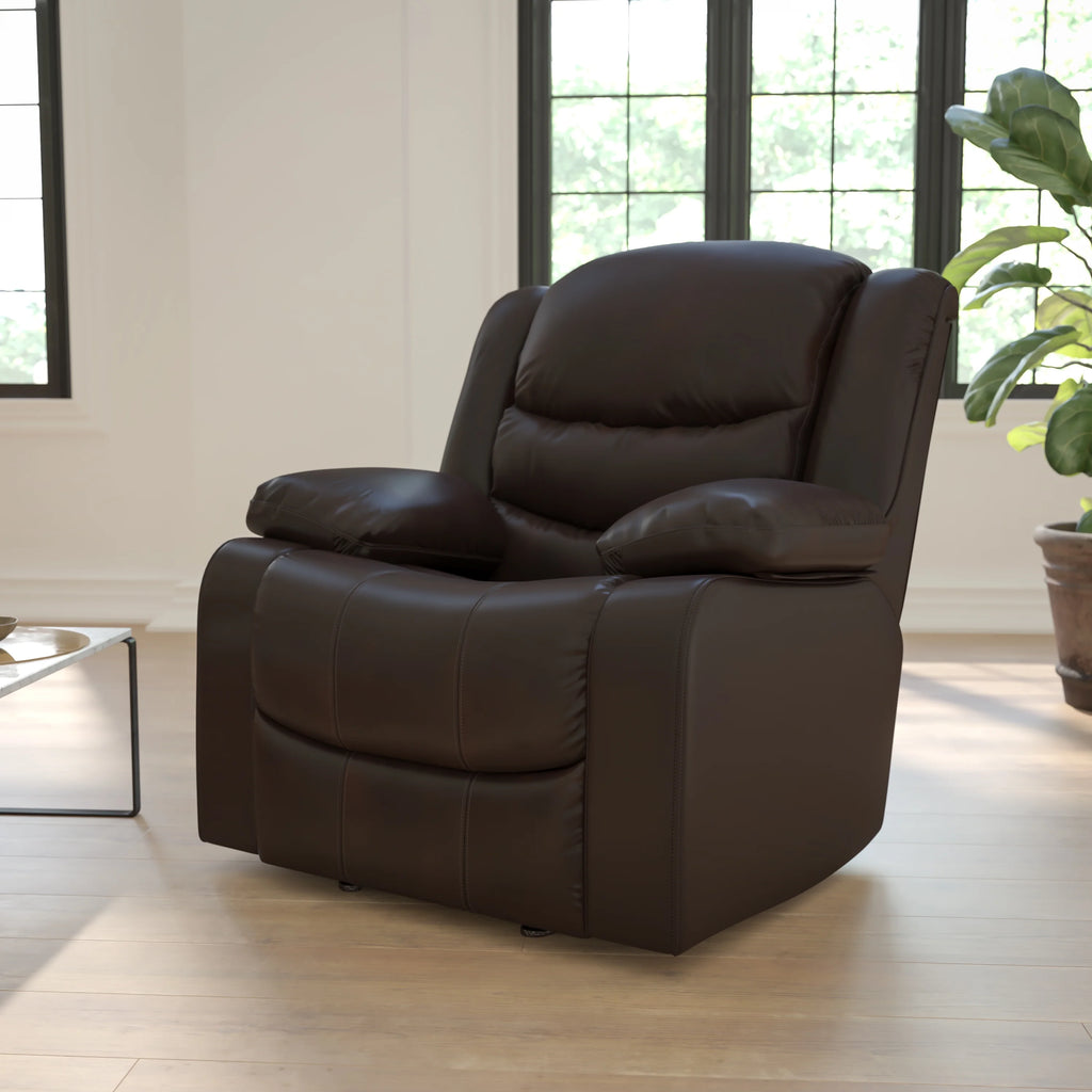 Plush Brown LeatherSoft Lever Rocker Recliner with Padded Arms I182945