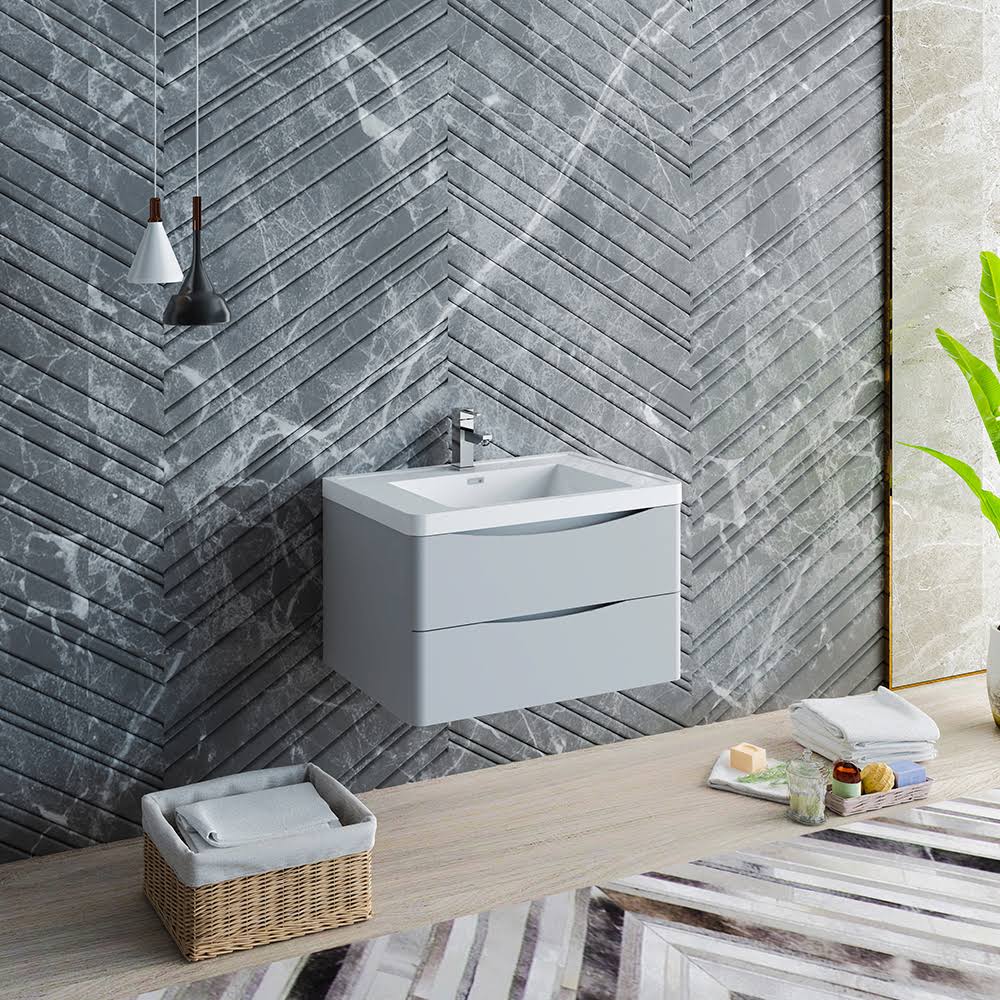 Glossy Gray Wall Hung Bathroom Cabinet with Integrated Sink H94926