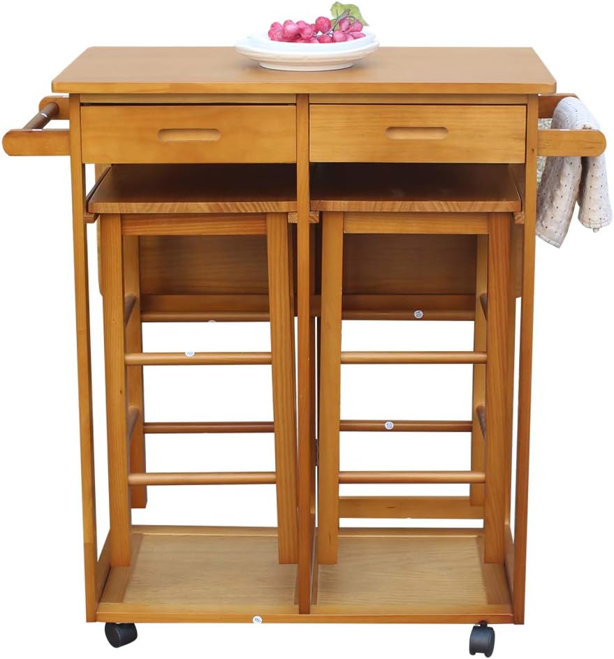 Foldable Dining Table Set with 2 Stools and 2 Drawers Solid Wood Drop Leaf Table U975