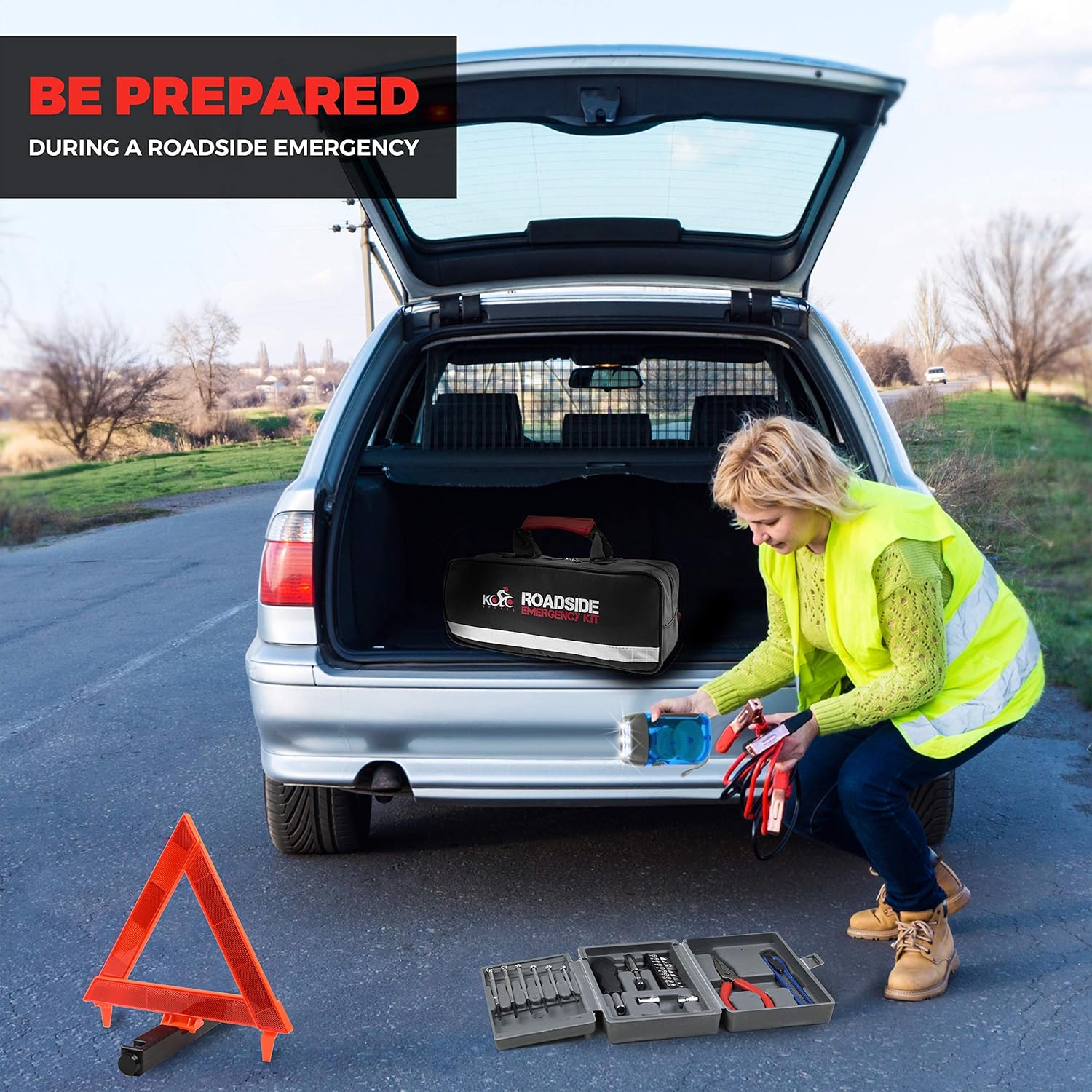 156-Piece Multipurpose Emergency Car Kit with Automotive Tools and First Aid Kit Y93036