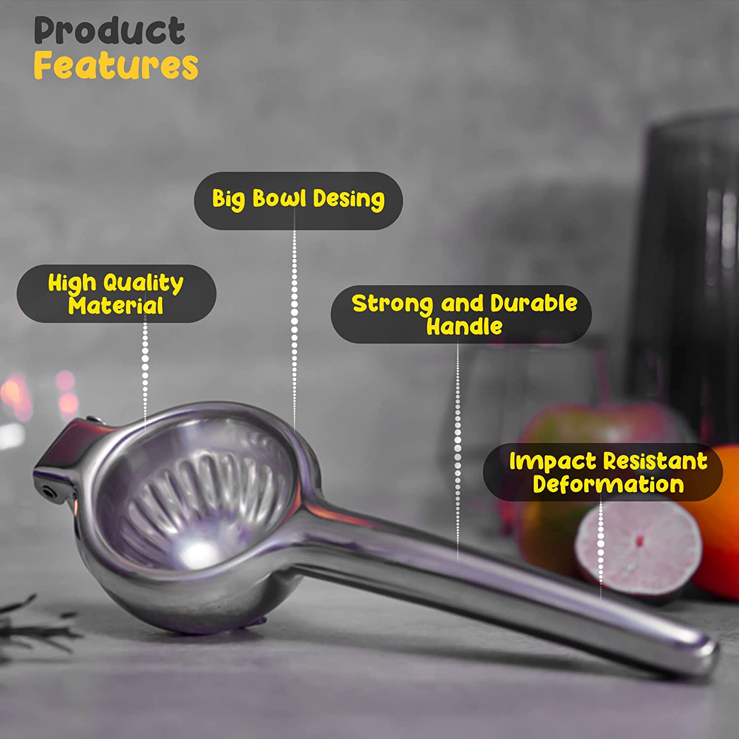 Stainless Steel Manual Lemon Squeezer with Handle and Large Bowl K71563