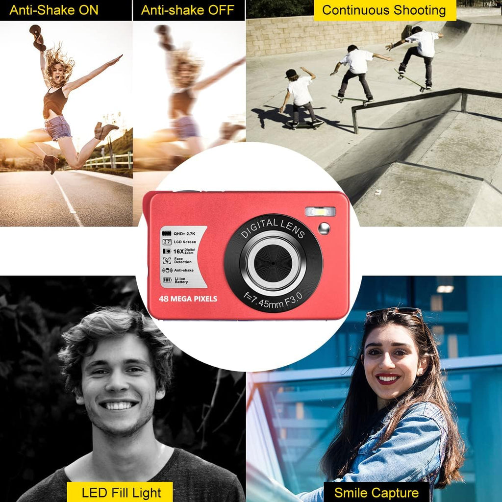 Red 48MP Compact Digital Camera with 16X Digital Zoom, 32GB SD Card, Pack of 2 J833188