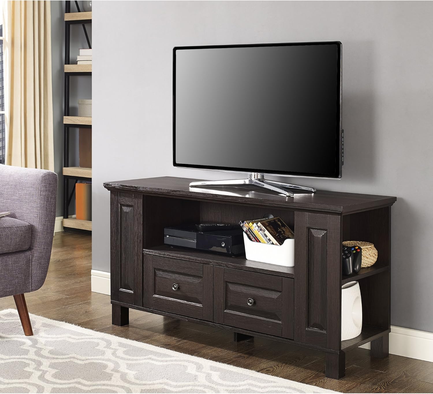 44 Inch Traditional Brown Wood TV Stand with Storage Cabinets B9246