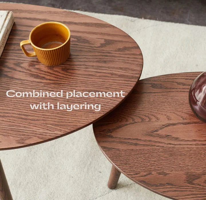 Solid Oak Wood Coffee Table with Pebble Shape, Natural Walnut Wooden Table I544