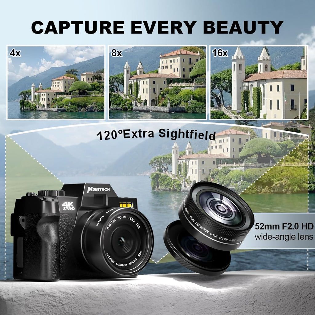 48 MP Digital Camera with 180° Flip Screen, 16X Digital Zoom, 52mm Wide Angle & Macro Lens, 2 Batteries, 32GB SD Card X786