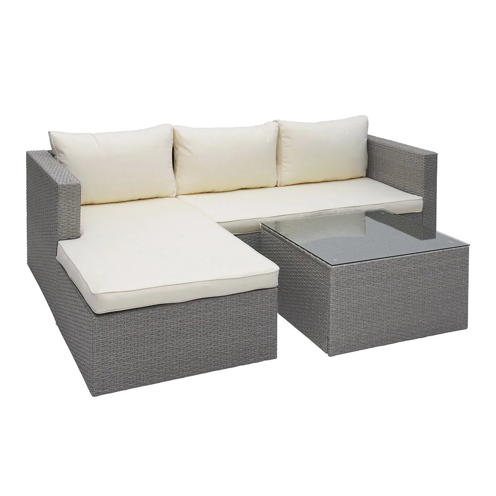 3 Piece Wicker Sectional Conversation Set with Cushions - Grey B1325