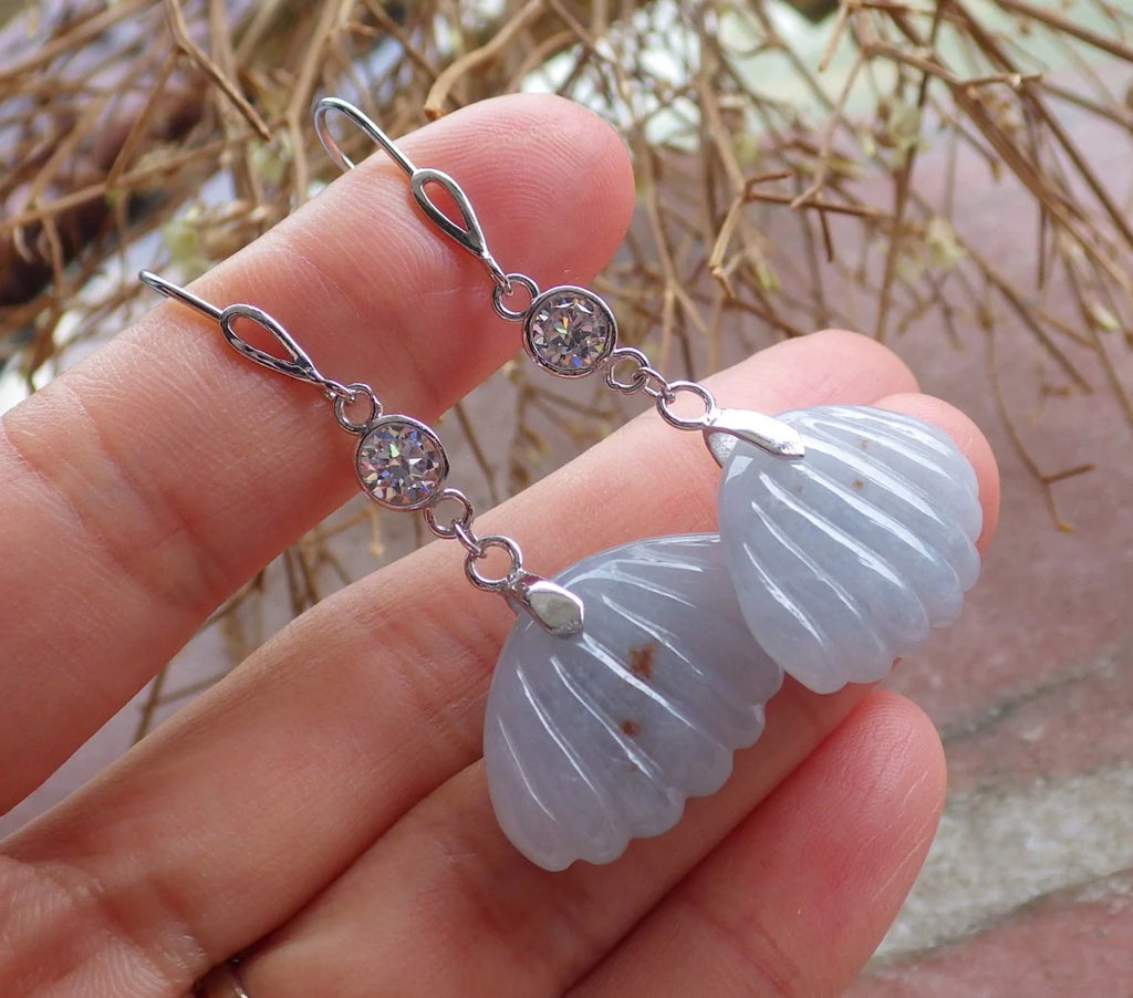 Sterling Silver 925 Hand Carved Jadeite Sea Shell Dangle Earrings D155