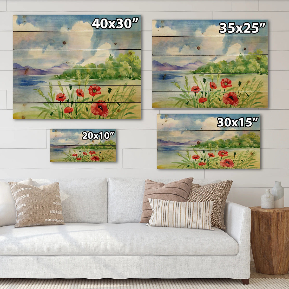 Red Tulips On The Bank Near A River Mountain Print on Natural Pine Wood V826763