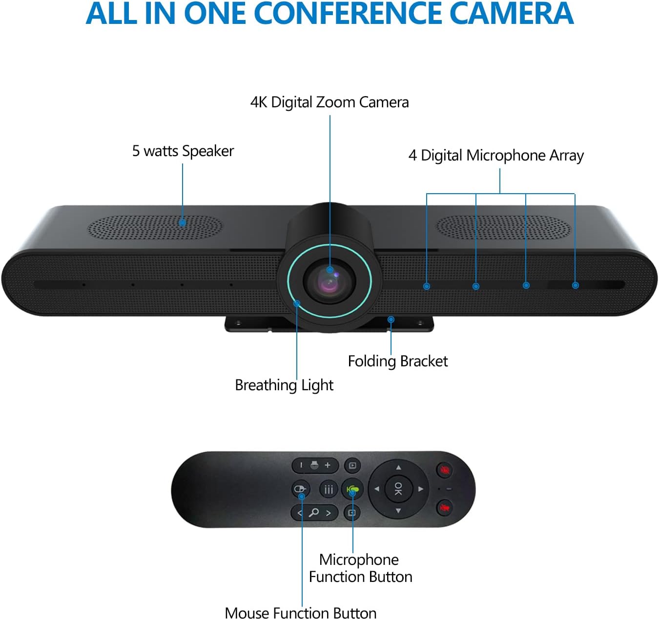 HD 4K Conference Room Webcam with Microphone and Speaker, 3X Digital Zoom, Wide Angle View 3 in 1 USB Webcam T709927