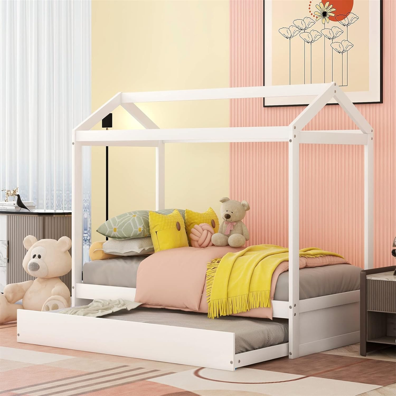 White Twin House Bed with Trundle X89389
