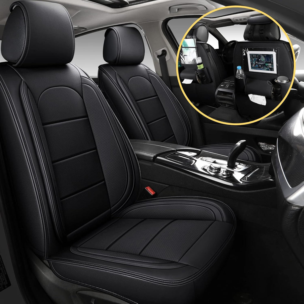 Black Leather Car Seat Covers with Backseat Organizer, Front Pair B9328