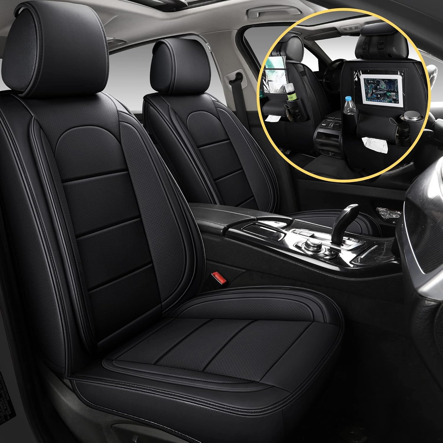 Black Leather Car Seat Covers with Backseat Organizer, Front Pair B9328