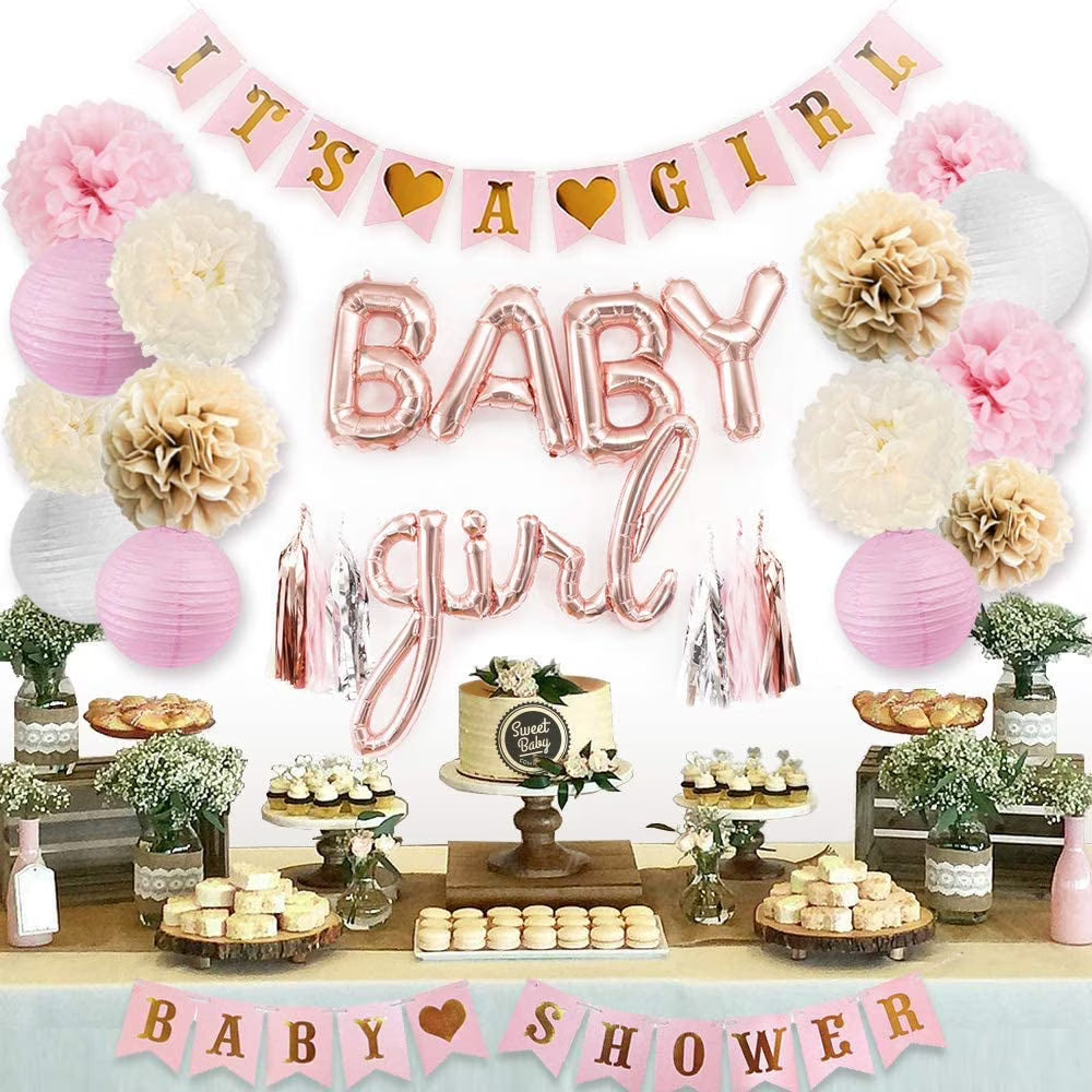 Pink Baby Shower Decorations with Banner, Letter Balloons, Flower Pom Poms, Paper Lanterns, Tassels Y43103