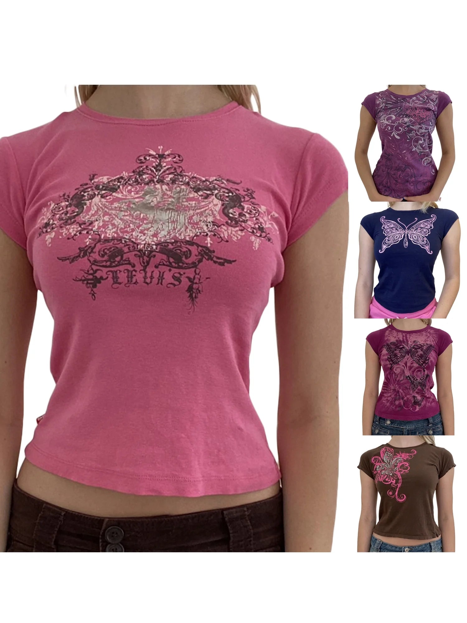 Brown Graphic Print Crop Top T-Shirt B529737