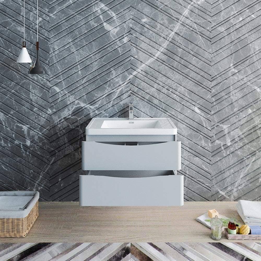 Glossy Gray Wall Hung Bathroom Cabinet with Integrated Sink H94926