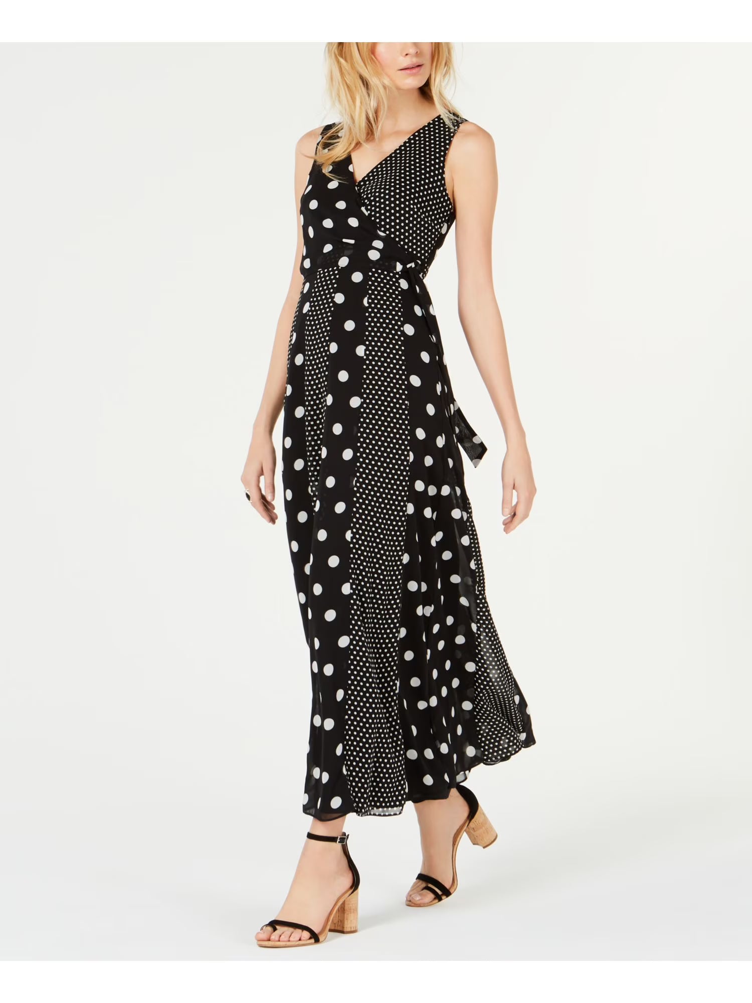 Black Multi Dot Sleeveless Wrap Dress B146