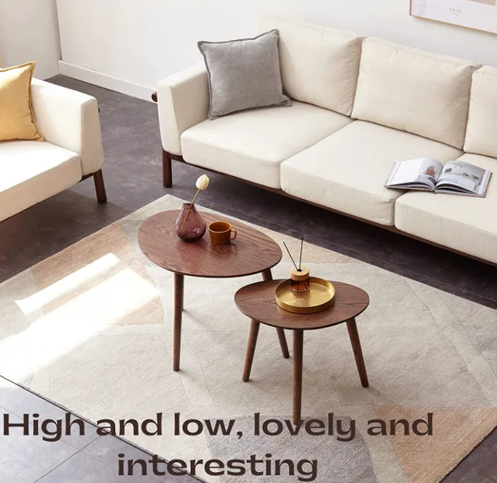 Solid Oak Wood Coffee Table with Pebble Shape, Natural Walnut Wooden Table I544