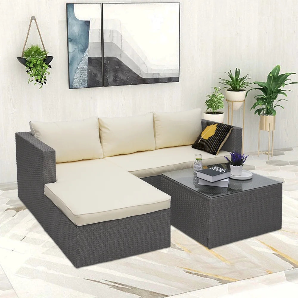 3 Piece Wicker Sectional Conversation Set with Cushions - Grey B1325