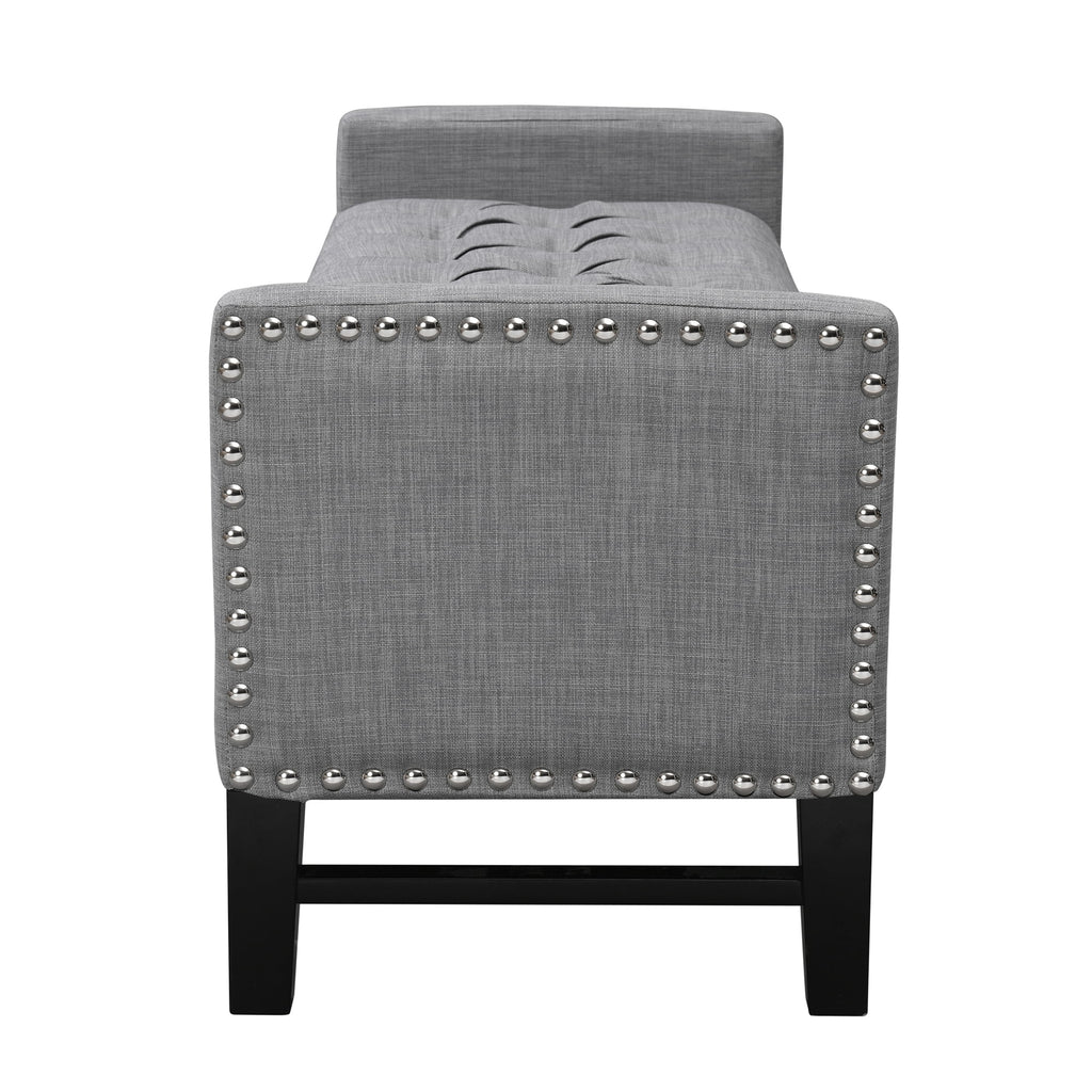 Light Grey Linen Storage Bench with Button Tufted Trim L354