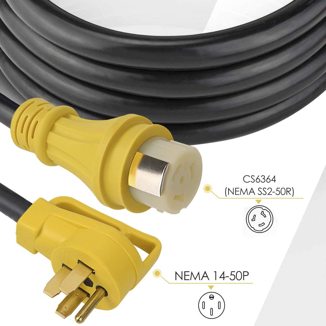 25Ft 50Amp STW Heavy Duty RV Extension Cord, 14-50P Male and SS2-50R Twist-Locking Female, 125V/250V E765421