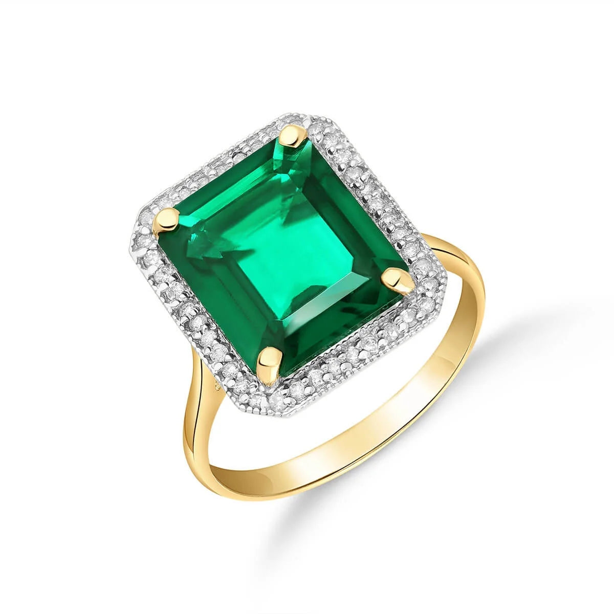 14K Solid Yellow Gold Emerald Ring with Natural Diamonds Halo R462