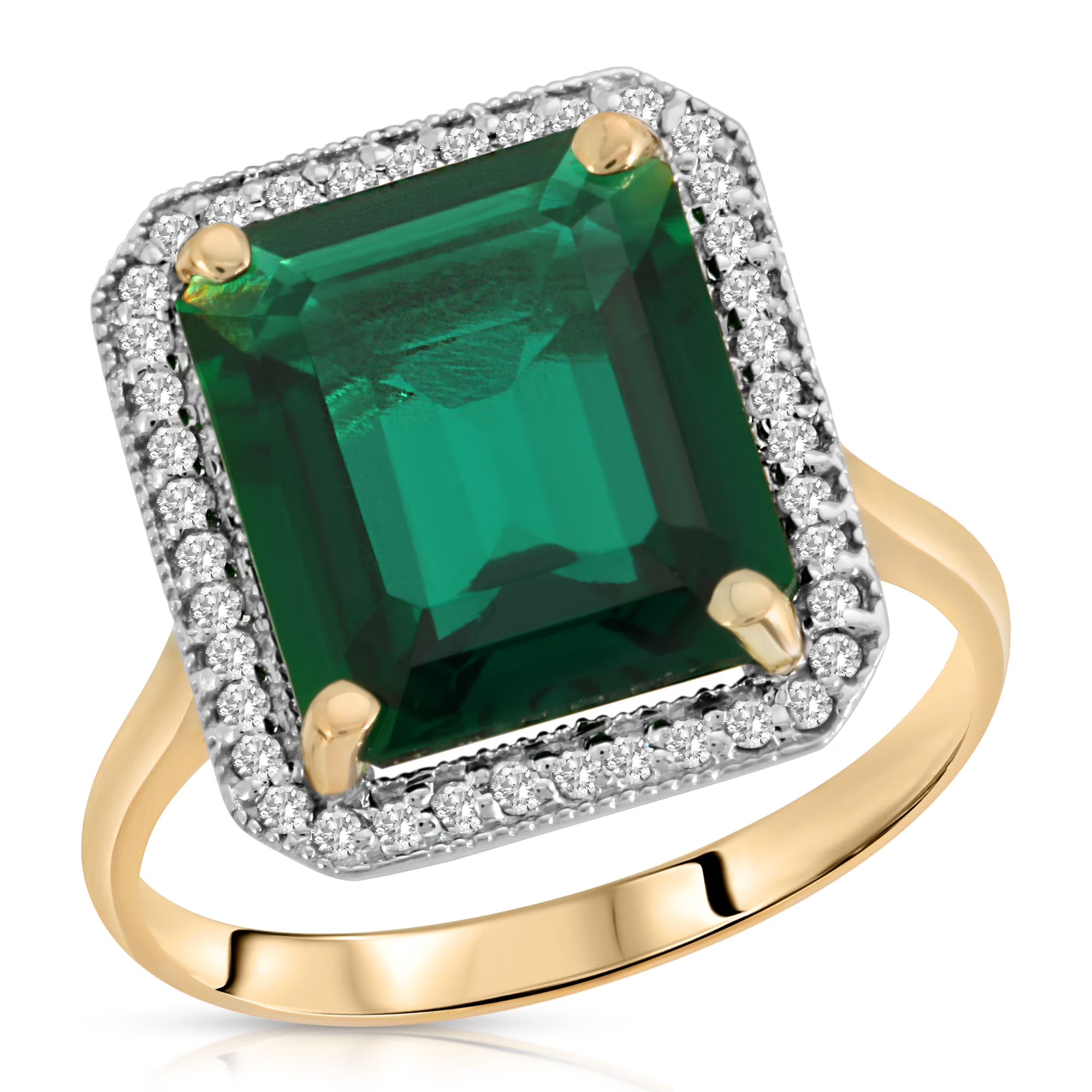 14K Solid Yellow Gold Emerald Ring with Natural Diamonds Halo R462