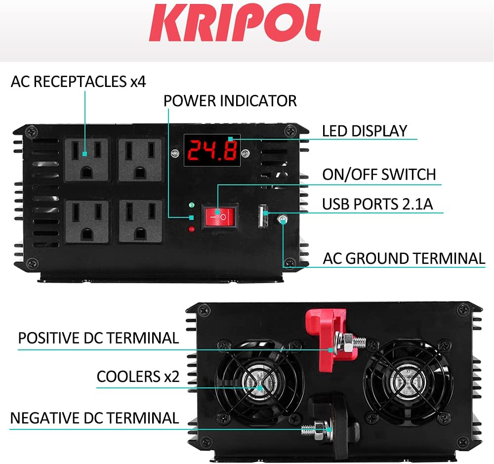 3000 Watt Pure Sine Wave Power Inverter 12V DC to 110V AC with 4 AC Outlets & USB Output J699292