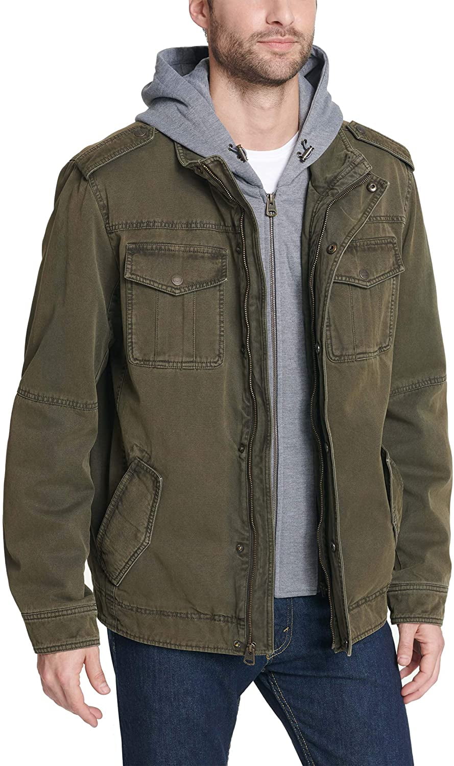 Mens Washed Cotton Hooded Military Jacket Olive D2186