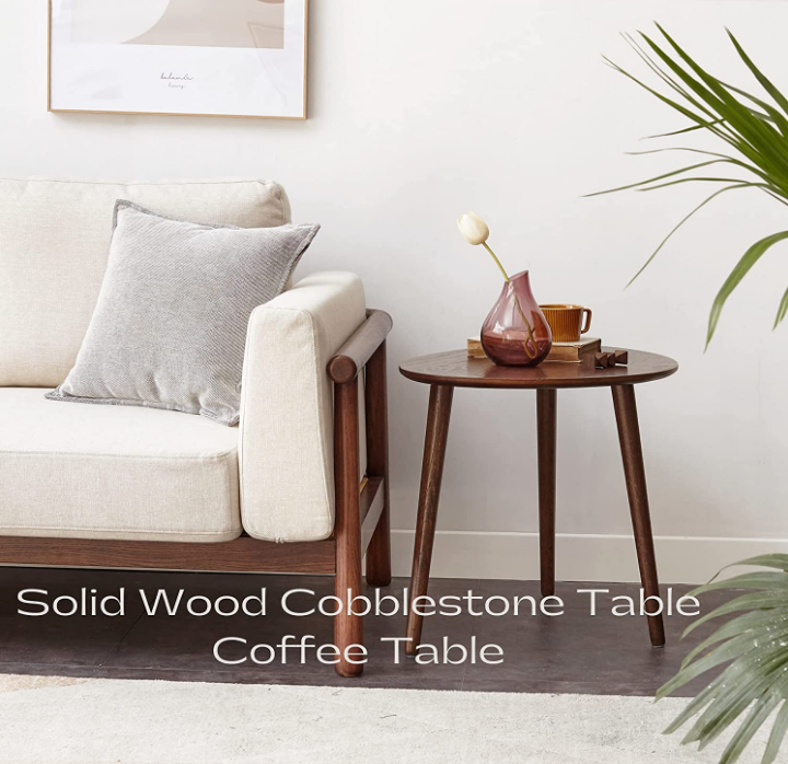 Solid Oak Wood Coffee Table with Pebble Shape, Natural Walnut Wooden Table I544