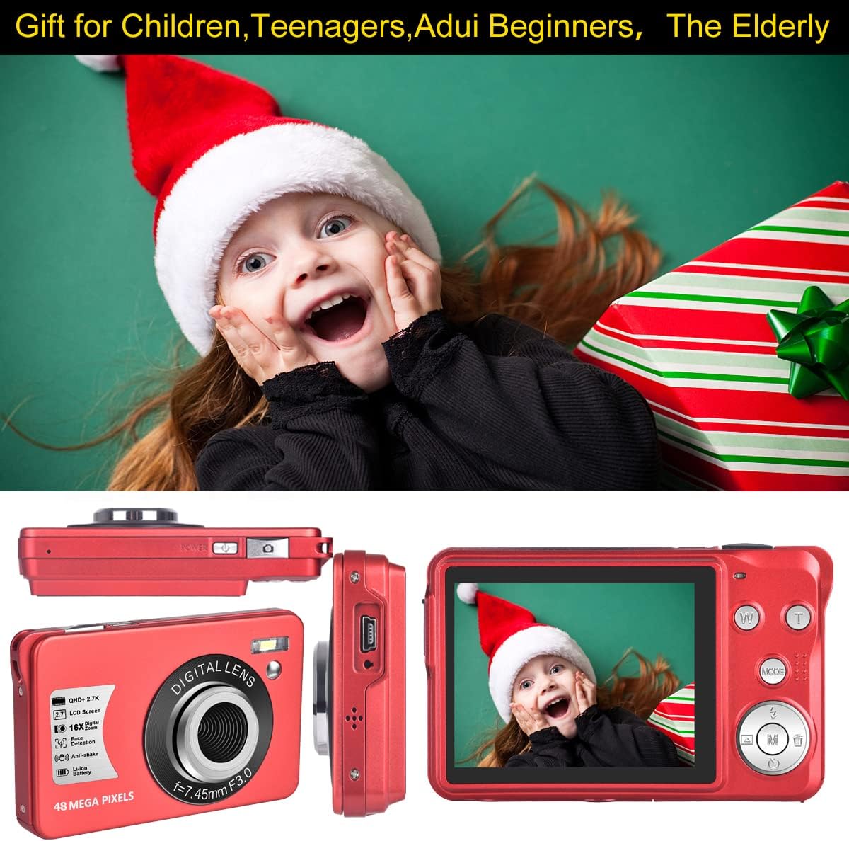 Red 48MP Compact Digital Camera with 16X Digital Zoom, 32GB SD Card, Pack of 2 J833188