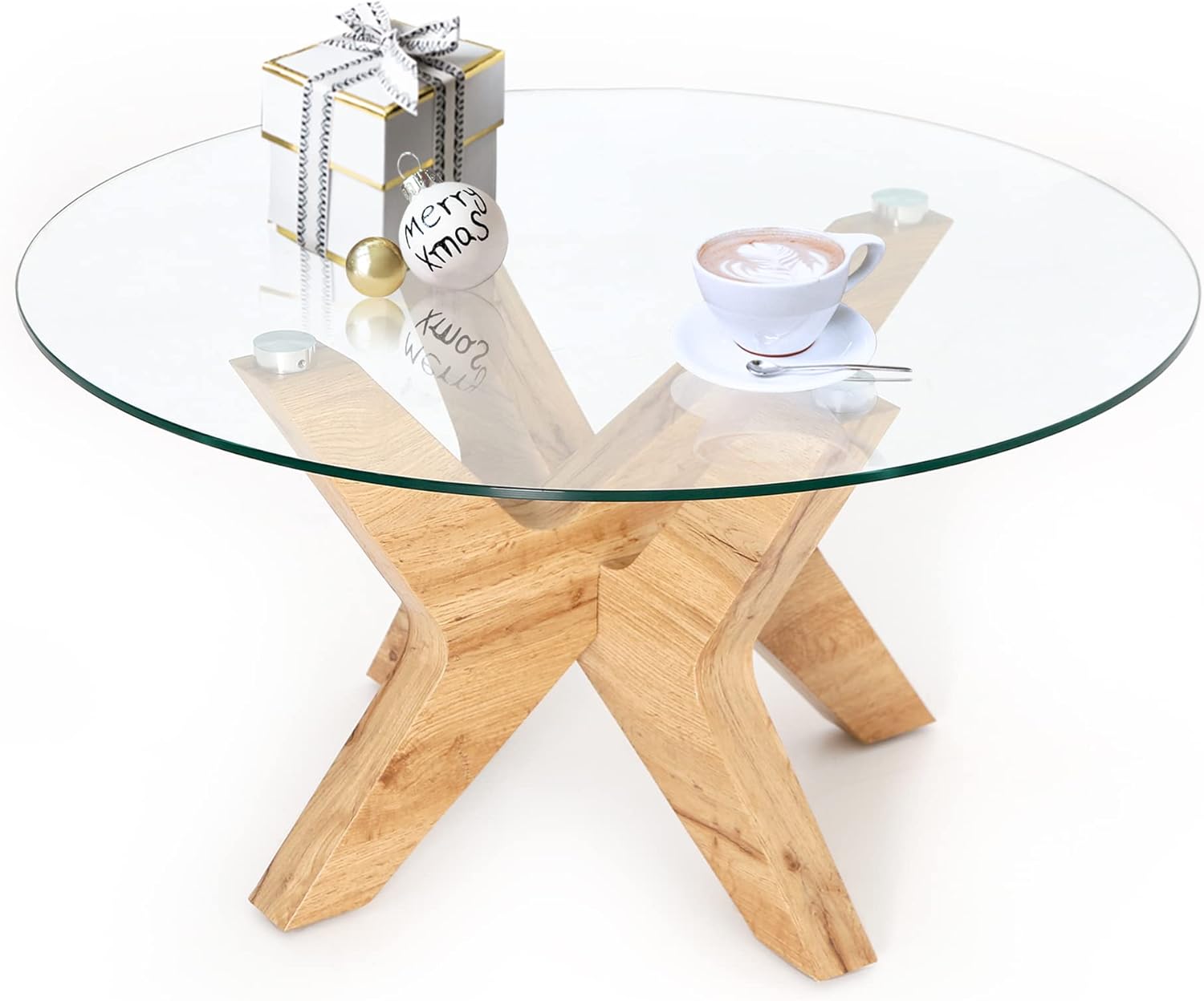 Round Glass Coffee Table with Natural Wood Frame and Tempered Glass Top P9651