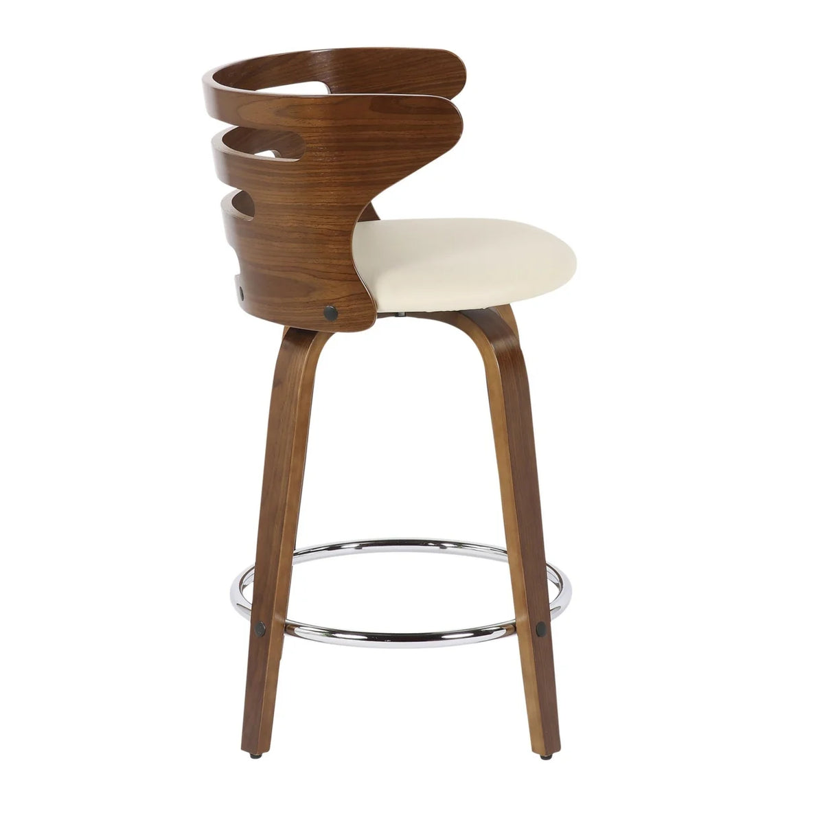Mid-Century Modern Counter Stool With Swivel In Walnut And Cream Faux Leather - Set Of 2 N4723