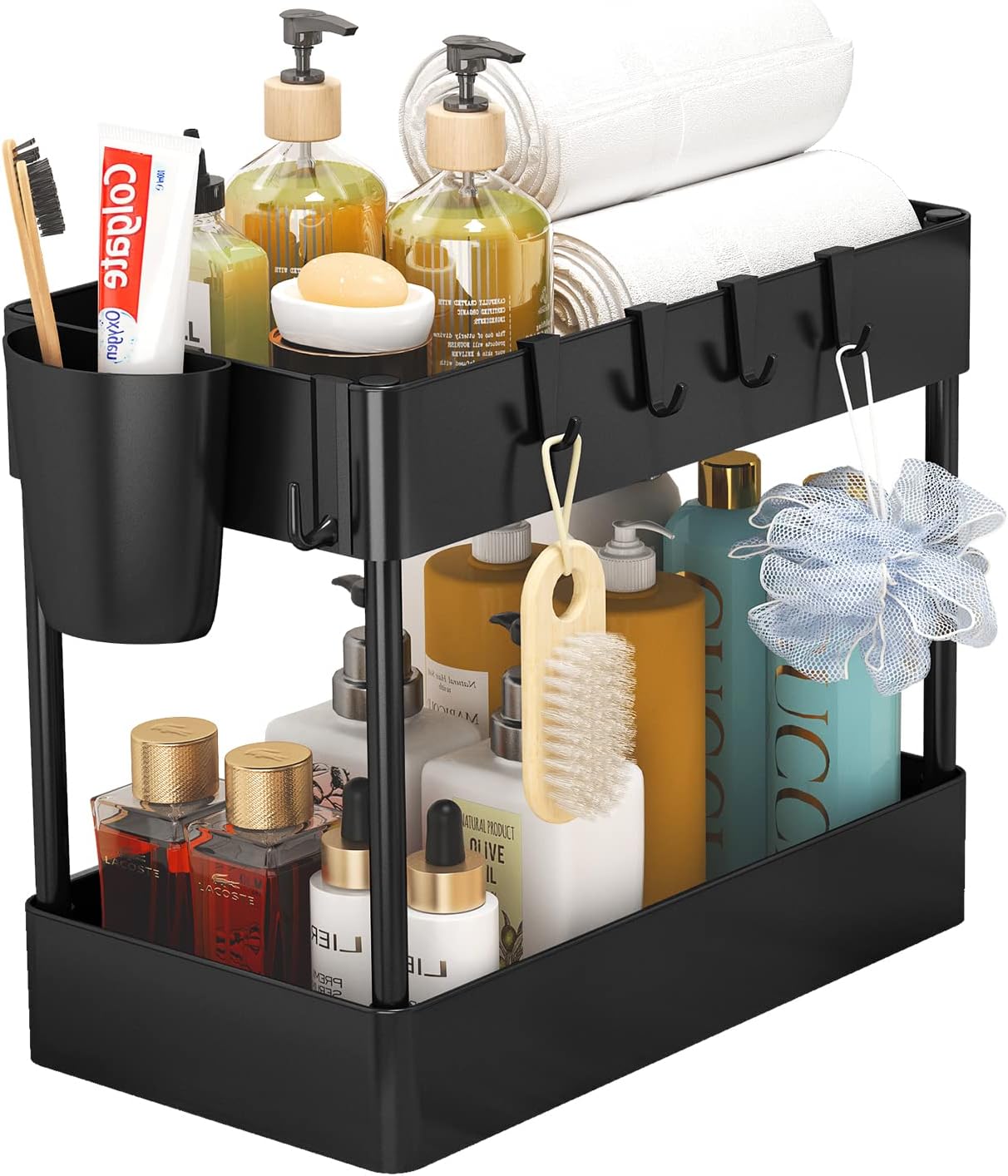 2 Tier Under Sink Rack Organizer with 6 Hooks, Black Z40689