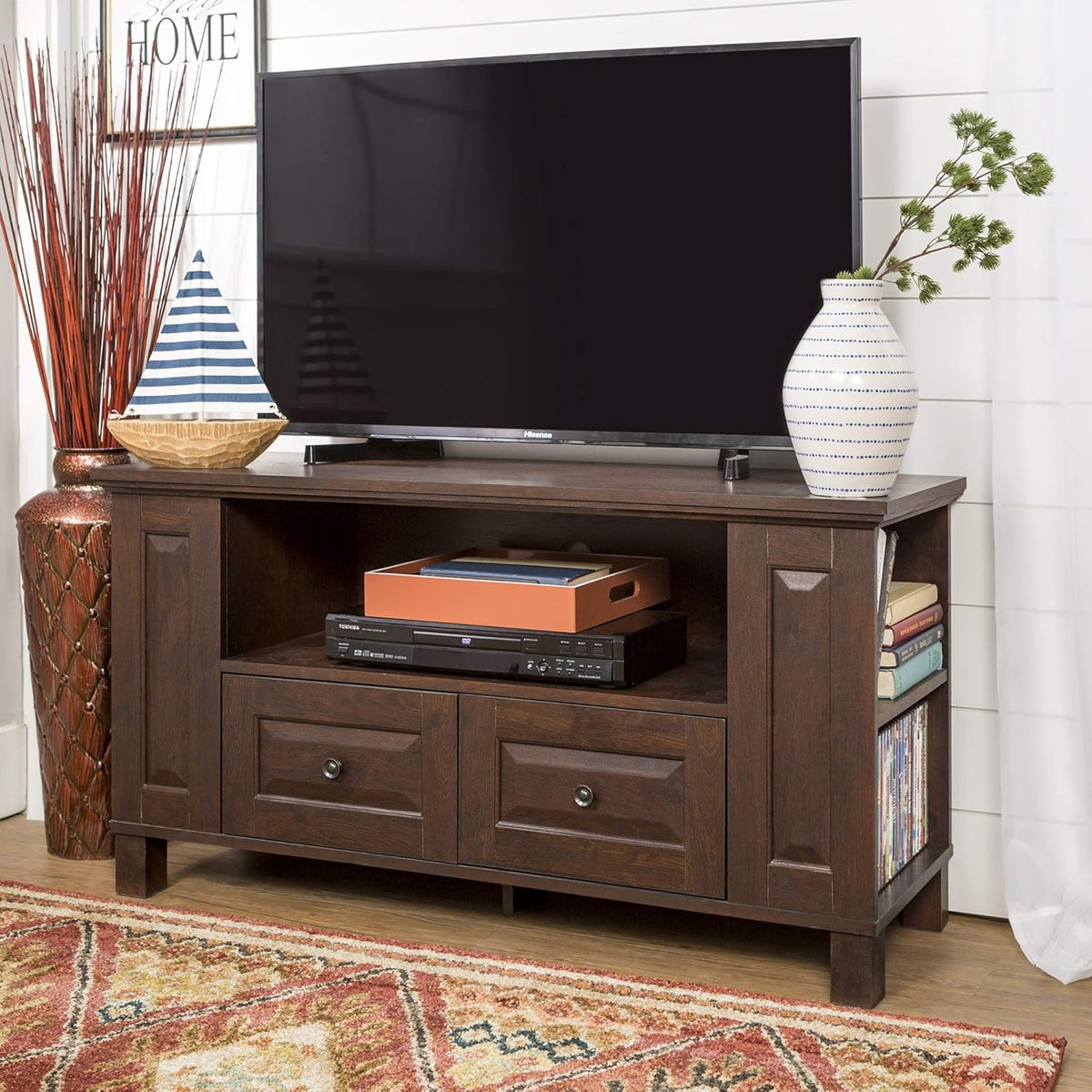 44 Inch Traditional Brown Wood TV Stand with Storage Cabinets B9246