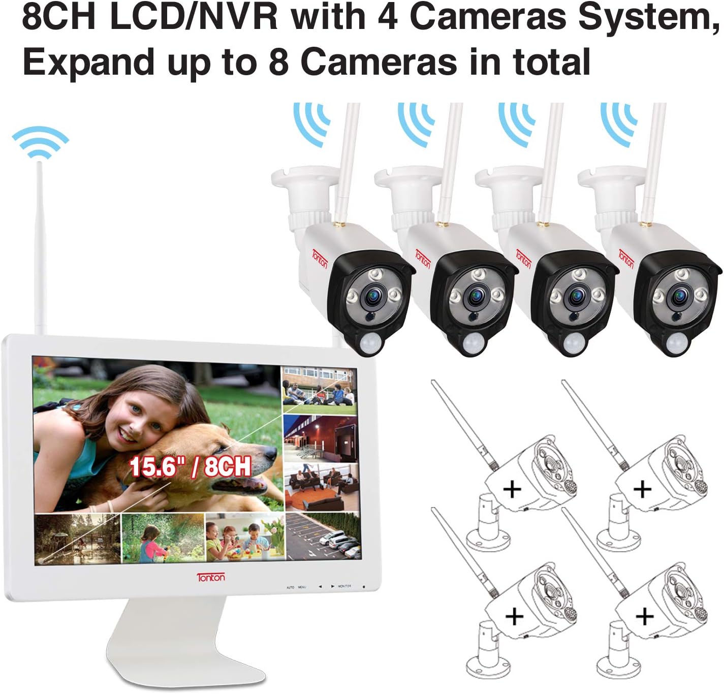 Wireless All-in-One Ultra HD Security Camera System with 16 Inch Monitor, 8CH NVR with 1TB HDD, 4PCS 3MP Outdoor Bullet IP Cameras U18297