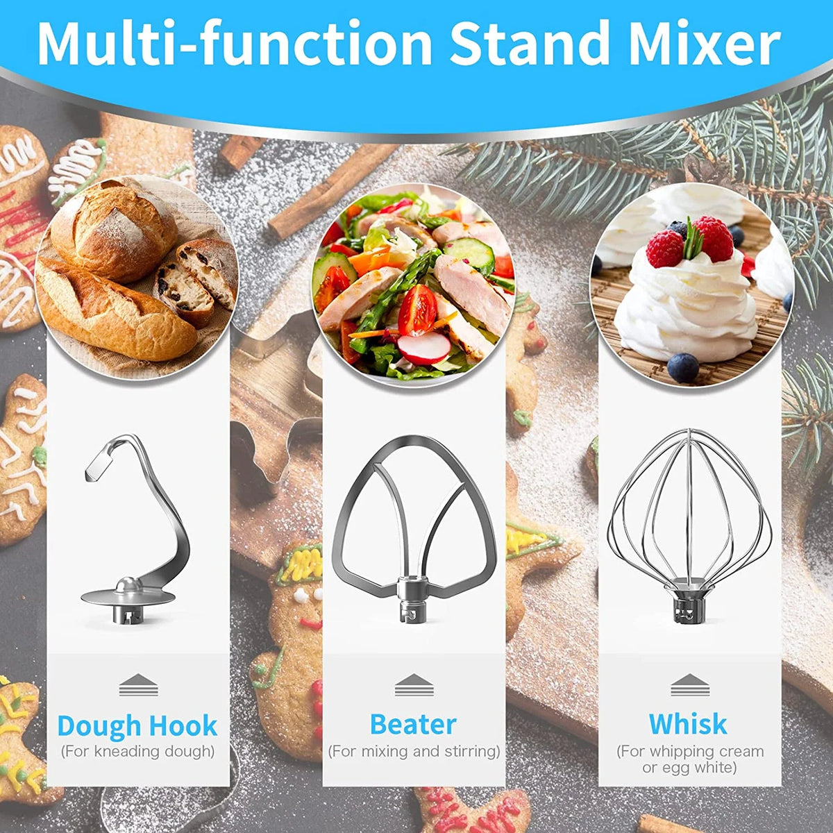 9 IN 1 Stand Mixer 850W Tilt-Head Electric Mixer with 7.5 QT Stainless Steel Bowl, Meat Grinder, Juice Blender with 1.5L Glass Jar - Blue F6973