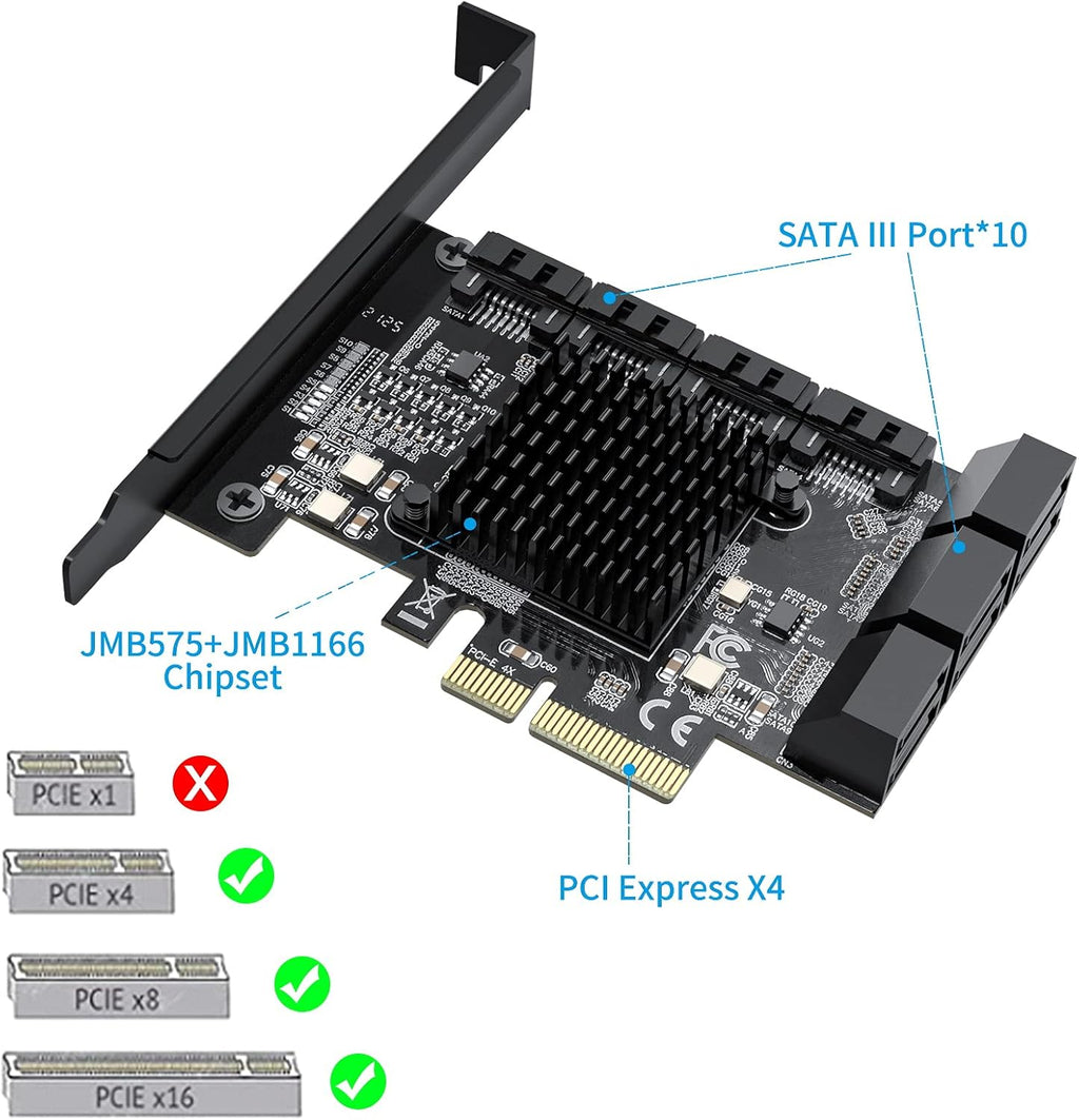 PCIe SATA Card 10 Port with 10 SATA Cables and 2 SATA Power Splitter Cables C611
