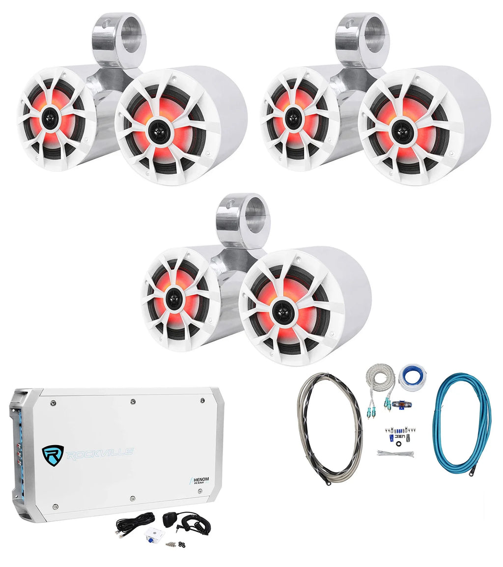 Dual 6.5" Marine Wakeboard LED Speakers with Amplifier and Amp Kit W4822