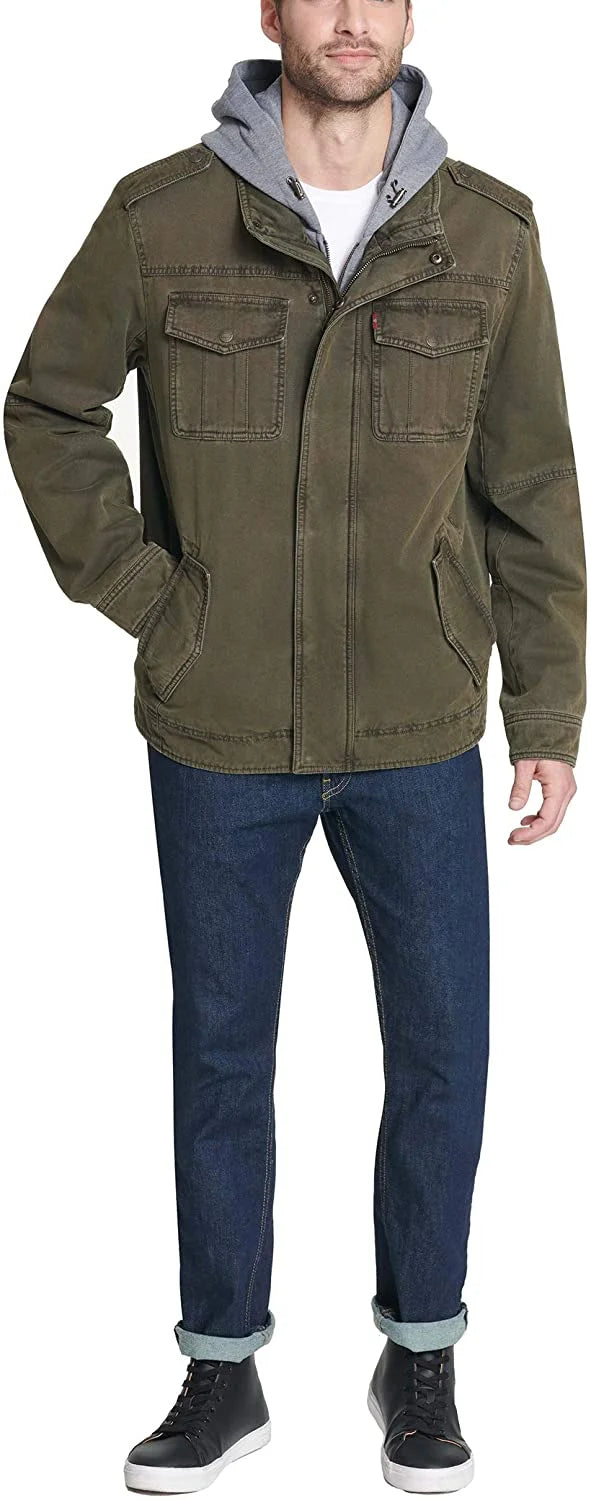 Mens Washed Cotton Hooded Military Jacket Olive D2186