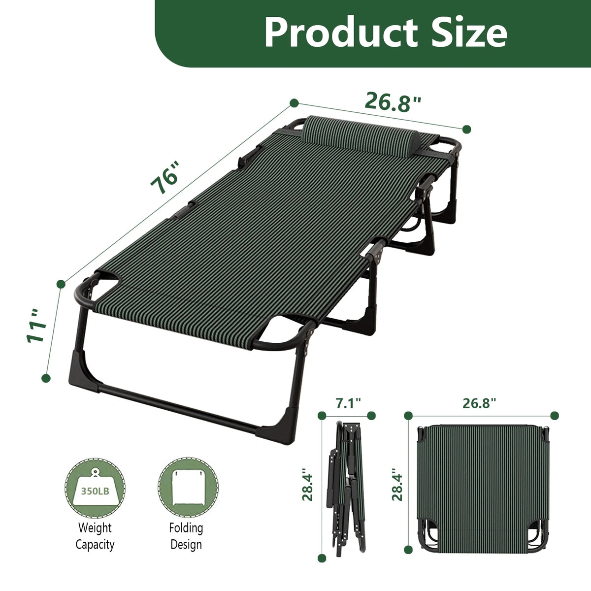 Folding Camping Cot Bed with Mat, Adjustable 4 Position Heavy Duty Outdoor Lounge Chair N5612