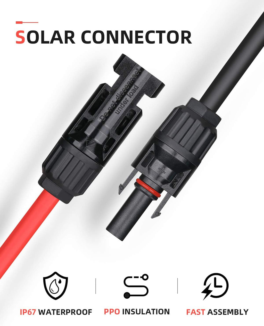 40 Feet 10AWG Solar Extension Cable with Female and Male Connector, Pack of 2 W193