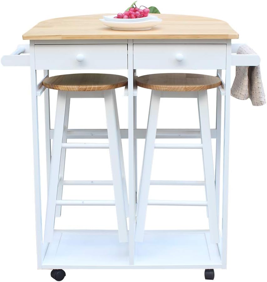 Foldable Dining Table Set with 2 Stools and 2 Drawers Solid Wood Drop Leaf Table U975