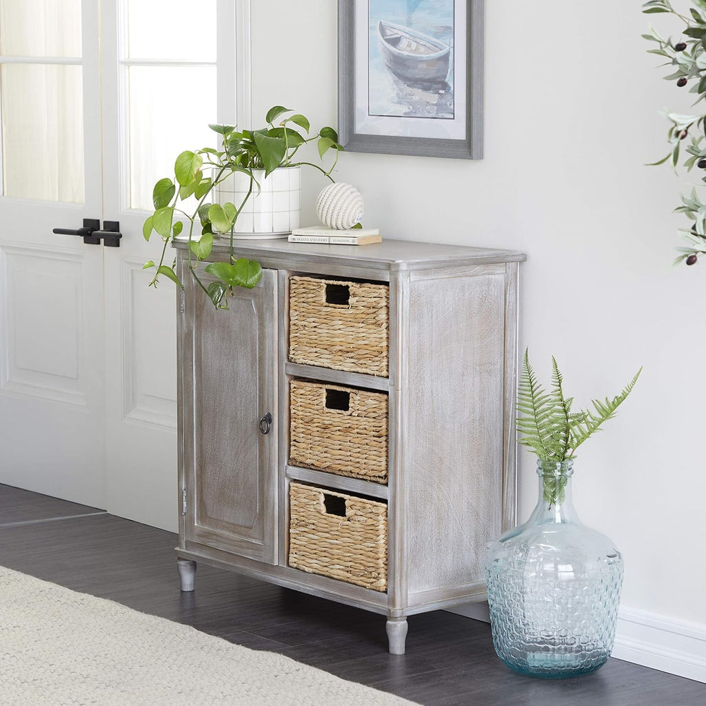 Whitewash Taupe Wood Basket Cabinet Y4717