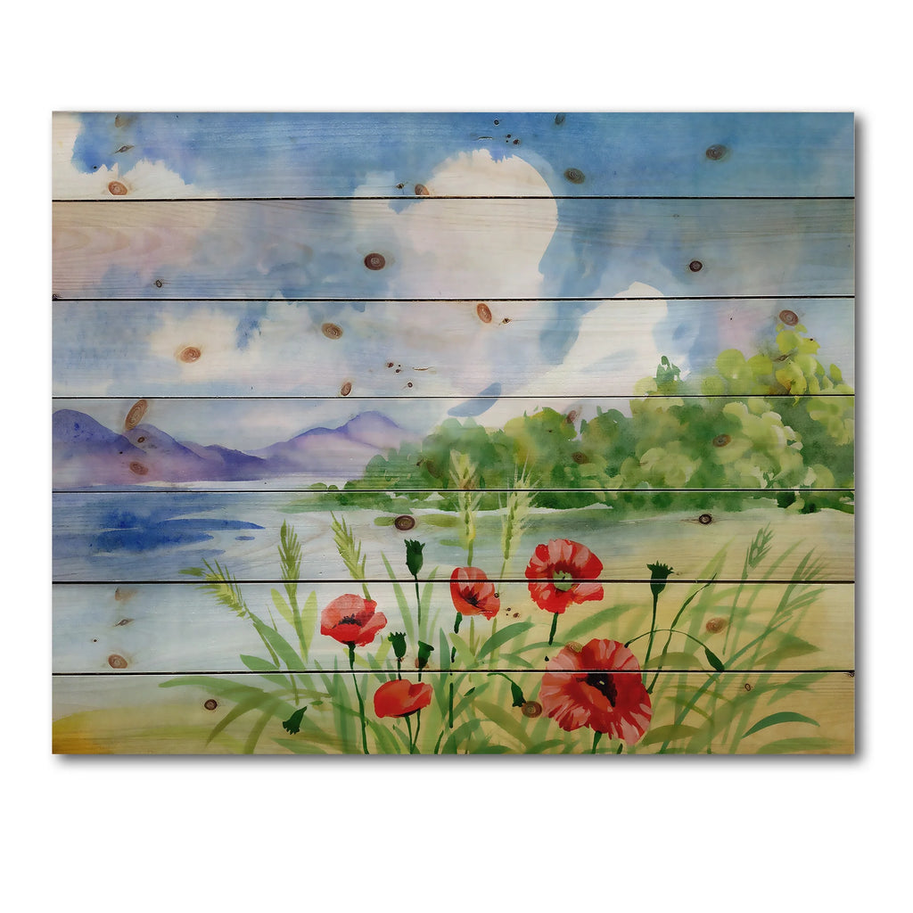 Red Tulips On The Bank Near A River Mountain Print on Natural Pine Wood V826763