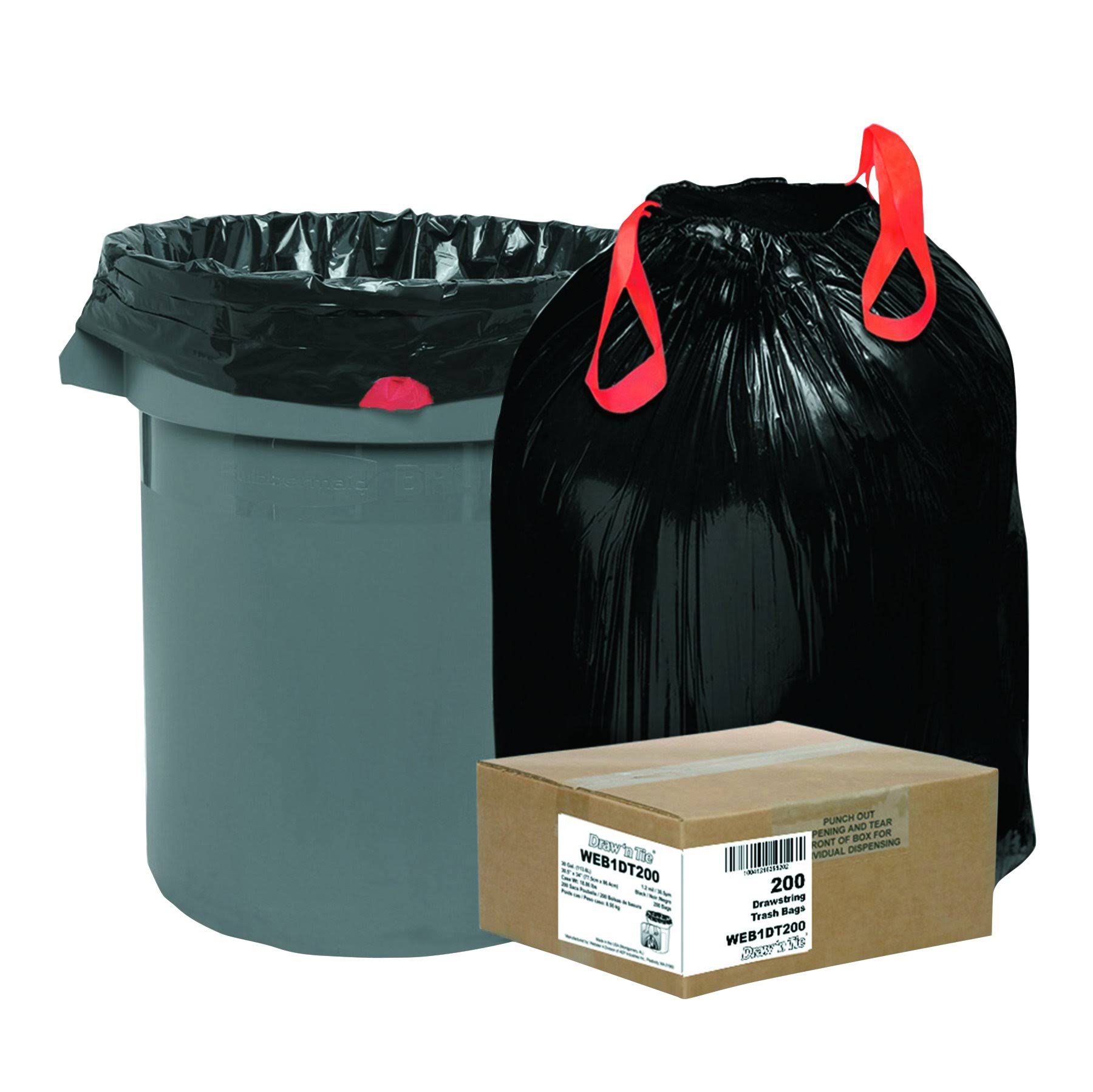 30 gal Black Draw & Tie Trash Bags, 200/Carton V299